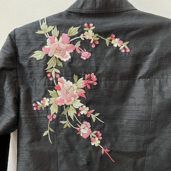 Vtg Y2K Maggy London Black 100% Silk Floral Embroidered Button Jacket Sz 10 Pet - Picture 7 of 11